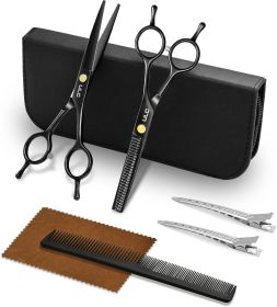 Professional Hair Cutting Scissors Set – 6.5' Japanese Stainless Steel Barber Shears & Thinning Scissors with Comb (Color: Black)